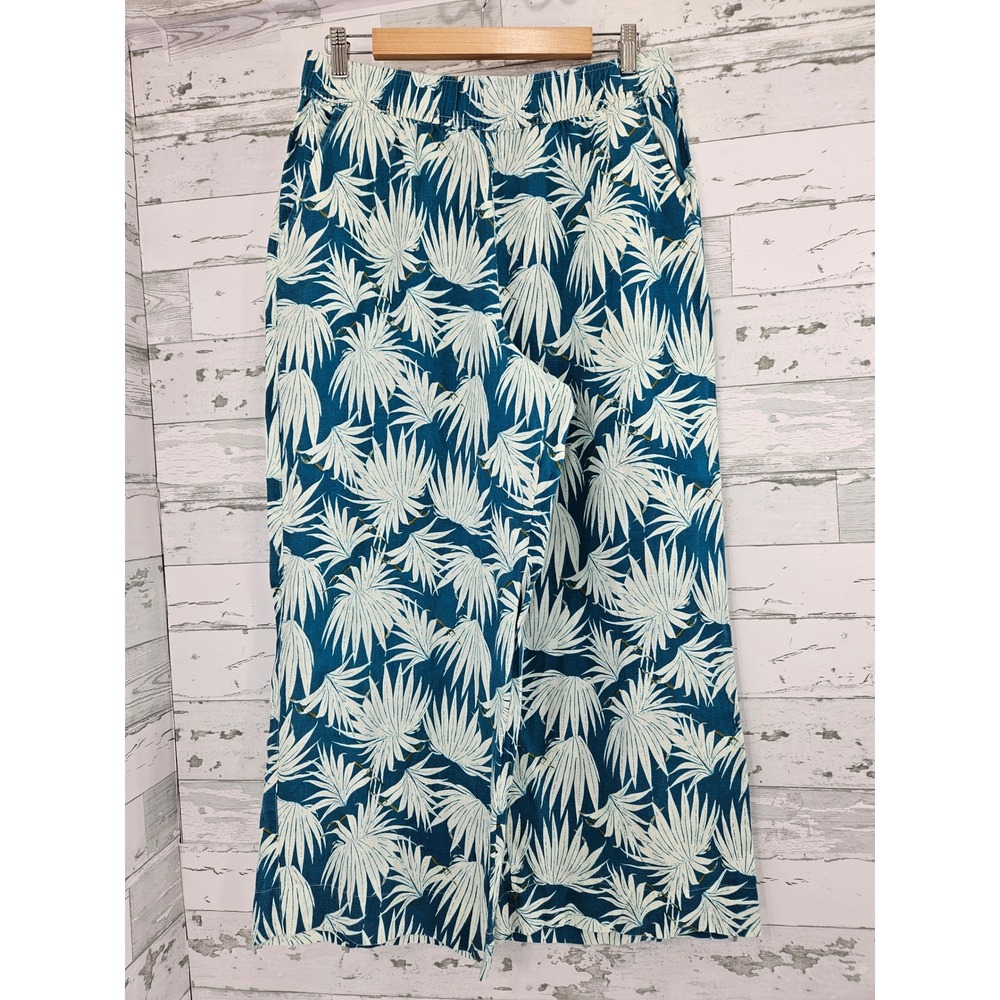 Rachel Zoe Teal White Tropical Palm Leaf 100% Linen Wide Leg Pants Large